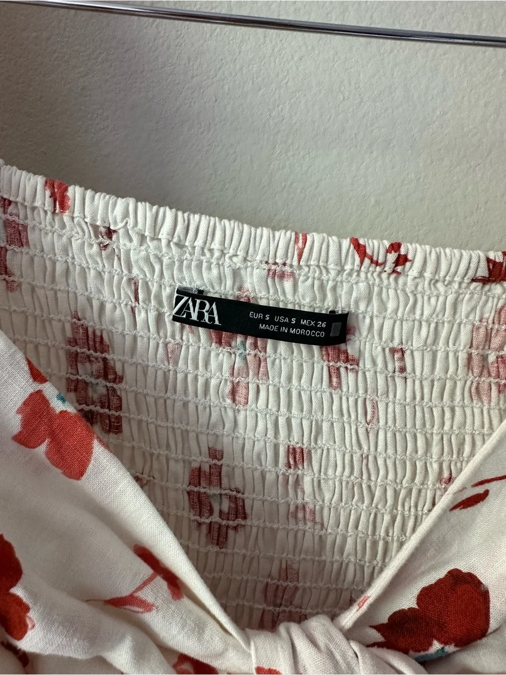 Zara White Floral Tie-Front Smocked Crop Top